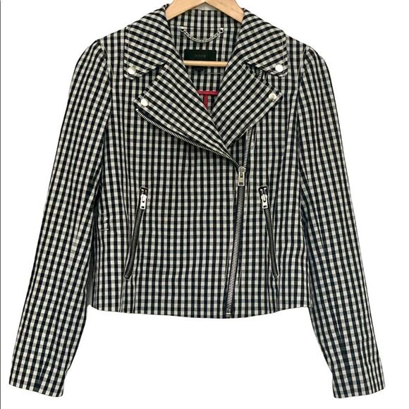 J. CREW Collection Size 8 Navy White Gingham Moto Asym Zip Jacket - Picture 3 of 13